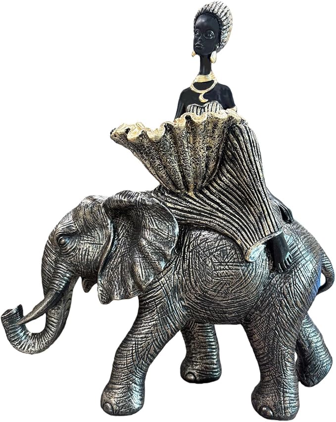 African Woman Riding Elephant Statue with Decorative Bowl, African Figurine Sculpture, Black and Gold Elephant Decor, Jewelry Tray Trinket Dish, Cultural Home Decor Gift