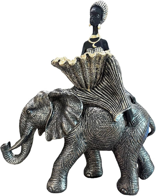 African Woman Riding Elephant Statue with Decorative Bowl, African Figurine Sculpture, Black and Gold Elephant Decor, Jewelry Tray Trinket Dish, Cultural Home Decor Gift