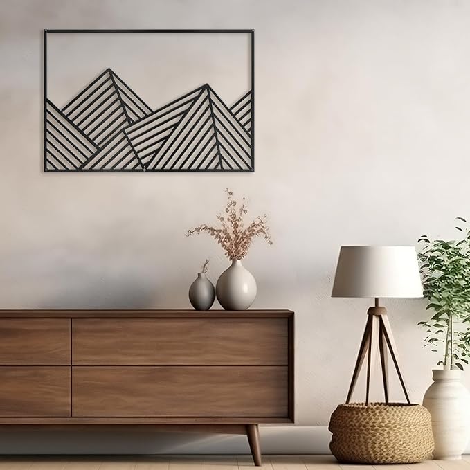 SIGNLEADER Metal Wall Decor Mountains Triangle Line Minimalist Modern Luxury Wall Sculpture Hangings 3D Statue Home Decoration for Living Room, Bedroom, Bathroom, Kitchen, Fireplace, Office - 24" Black