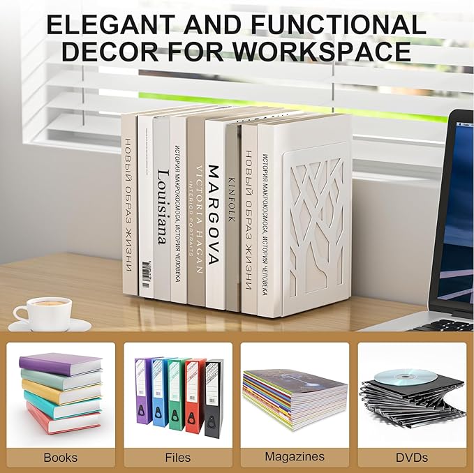 White Bookends 8 Pack, Tree Design Modern Metal Bookends for Shelves, Unique Tree Book Ends Decorative Book Organizer for Desk, Decorative Shelve Book Stopper for Home Office