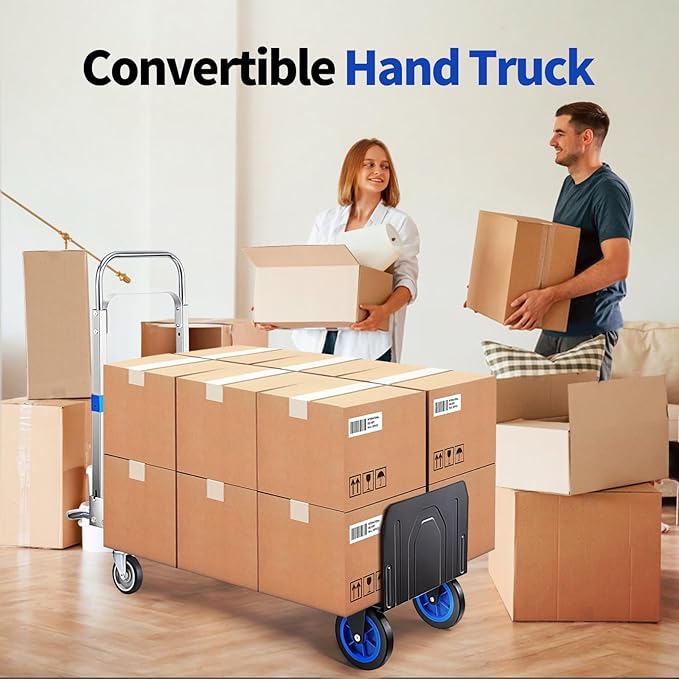 Pro 2 in 1 Aluminium Hand Truck Dolly 660lbs Capacity, Heavy Duty Convertible Hand Truck W/Pneumatic Wheels, Foldable Dolly Cart Collapsible Trolley for Moving with Retractable Handle