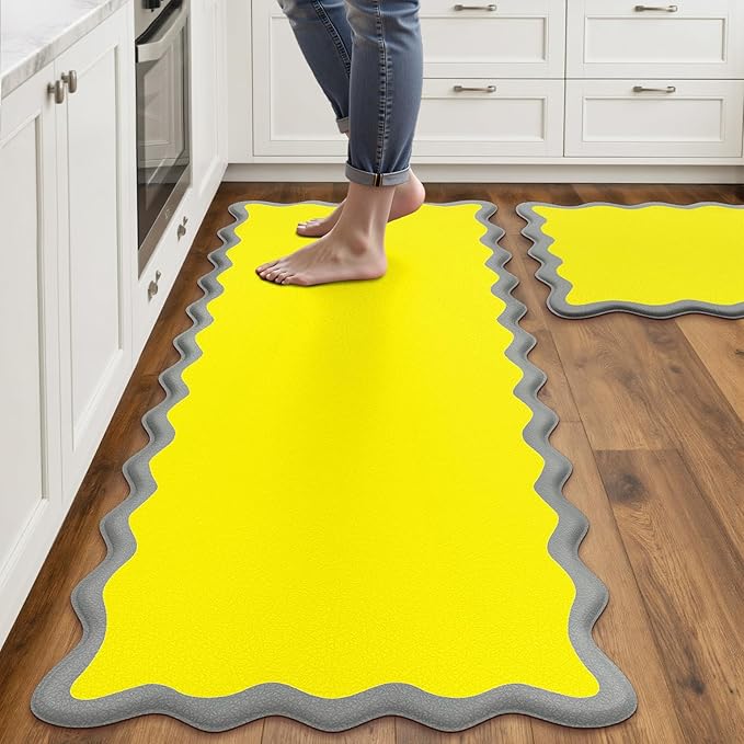 Scalloped Yellow Gray Kitchen Mats Rugs Sets of 2 Cushioned Anti Fatigue Floor Mat Waterproof Kitchen Rugs Non Slip Foam Comfort Standing Mat for Sink Laundry