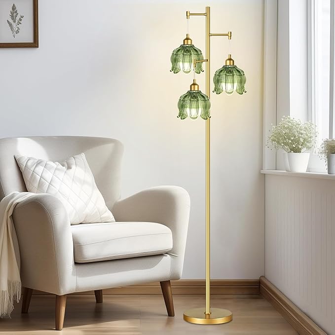 WLQCWL Vintage Floor Lamps for Living Room Bedroom-3 Light Gold Floor Lamp with Glass Lampshape, Flower Green Tall Lamp Mid Century Modern Standing Lamp Tree Floor Lamp for Bedroom Living Room Corner