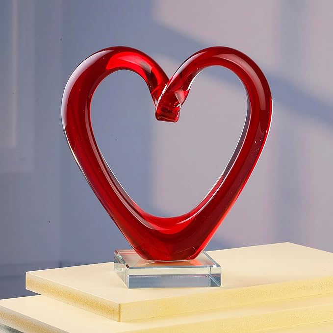 Yao Yuan 7.49'' Tall Hand Blown Art Glass Red Heart Sculpture, Glass Heart Figurines Party Home Decoration,Art Sculpture Collection for Valentine's Day Gift (Red)