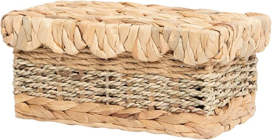 Wicker Storage Baskets with Lids Natural Handmade Scalloped Rattan Box Decorative Bohemian Removable Tray Lid Handles Water Hyacinth Seagrass Paper Rope Woven Bins Container (Small)