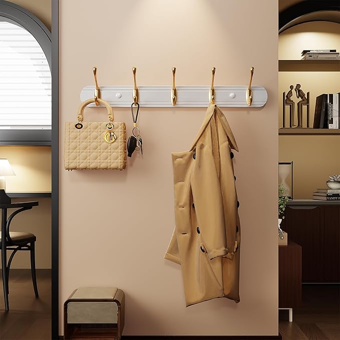 Coat Rack Wall Mount, Bamboo Coat Hanger with 5 Metal Pink Gold Hooks for Hanging Clothes, Towels, Keys, Hats, Bags(White)