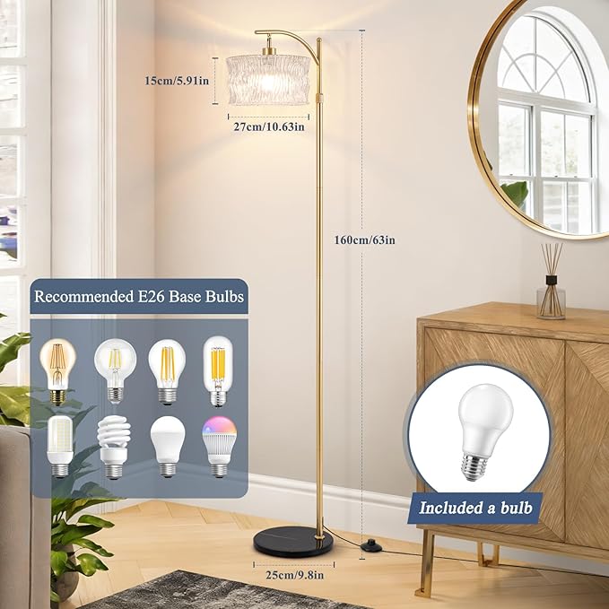JERANDO Dimmable Glass Floor Lamp for Living Room, Modern Gold Standing Lamp with Remote Control, Vintage Clear Glass Lampshade Tall Lamp for Bedroom Study Room(LED Bulb Included)