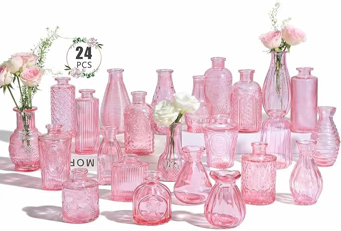 BEAHOT 24 Pack Pink Flower Vase in Bulk,Mini Vintage Glass Bud Vases for Centerpieces,Wedding Decor,Party & Home Decaration,Mother's Day (Pink)