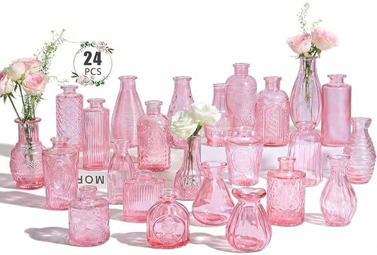 BEAHOT 24 Pack Pink Flower Vase in Bulk,Mini Vintage Glass Bud Vases for Centerpieces,Wedding Decor,Party & Home Decaration,Mother's Day (Pink)