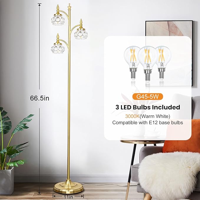 JUNNAI Gold Floor Lamp, Dimmable Tree Floor Lamps for Living Room Brass Tall Standing Lamp with 3 Rotatable Lights Glass Shade 66.5'' Modern Corner Lamp for Bedroom Office(3LED Bulbs Included)