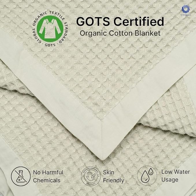 9Threads GOTS Certified Organic Cotton Waffle Weave Blanket, Throw Bed Size, 50"X60"Cozy Throw Blanket for Couch, Modern Home Decor, Throw Blankets,Comfy Waffle Blanket Soft Bed Blankets -Sea Foam