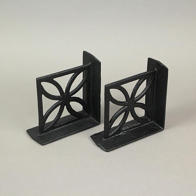 Set of 2 Elegant Black Cast Iron Mid Century Modern Breeze Block Bookends with Floral Design - Stylish Home and Bookshelf Decor Accessories, 5.25 Inches High