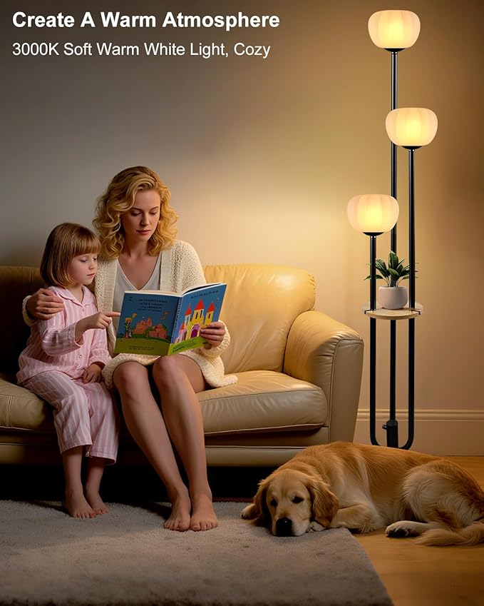 ACOHOOK Black Floor Lamp Dimmable Modern Floor Lamps with Pumpkin Lampshade & Table, 3000K Soft Warm White Bulbs Included, 3-Light Tall Standing Lamp for Living Room/Bedroom