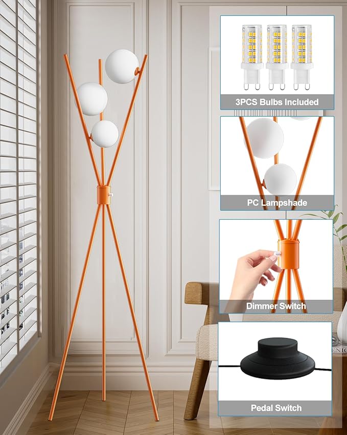 Lightdot Globe Standing Lamps Stepless Dimmable Tripod Floor Lamp with 3PCS 3000K G9 Bulbs Stable Base Orange Mid Century Modern Floor Lamp for Living Room/Bedroom