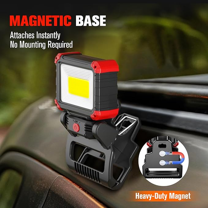 Yls 2 Pack LED Rechargeable Work Light with Clamp, 2100LM COB Magnetic Clip on Worklight with 3 Light Modes, 270°& 180° Rotatable Portable Clamp Worklight for Car Repairing, Jobsite, Grilling, Camping