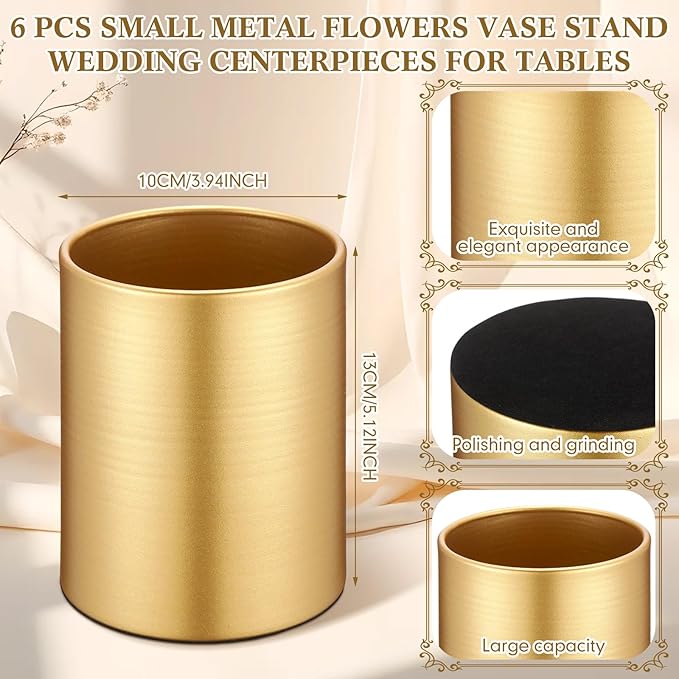 6 Pcs Small Gold Vases for Centerpieces Tall Metal Flower Trumpet Vase Vintage Compote Planter Plant Pots for Wedding Party Table Centerpiece Decorations (5.1 Inch,Cylinder)