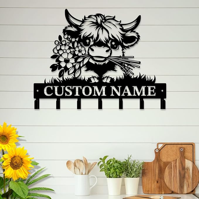 magilab Personalized Custom Highland Cow Wall Hooks,Metal Highland Cow Art Clothes Hooks,Metal Highland Cow Wall Home Storage Decorative,for Front Door, Hallway, Kitchen, Bedroom,Keys,Hats (Style I)