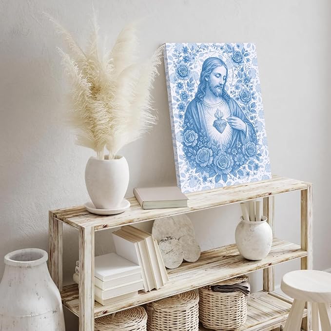 Blue Sacred Heart of Jesus Canvas Wall Art Divine Mercy Wall Decor Jesus Portrait Pictures Catholic Artwork Christian Religious Poster Prints for Bedroom Living Room Prayer Room Church 16x24in