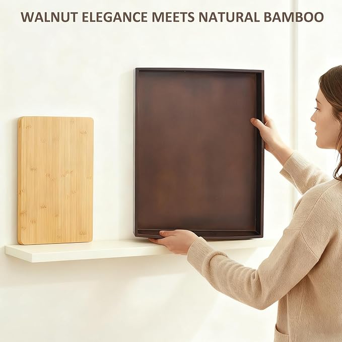 Bamboo Serving Tray with Handles, Set of 2 Large Wood ServingTrays for Food & Coffee, Elegant Wooden Tray for Breakfast in Bed, Kitchen & Party - Black Walnut Finish