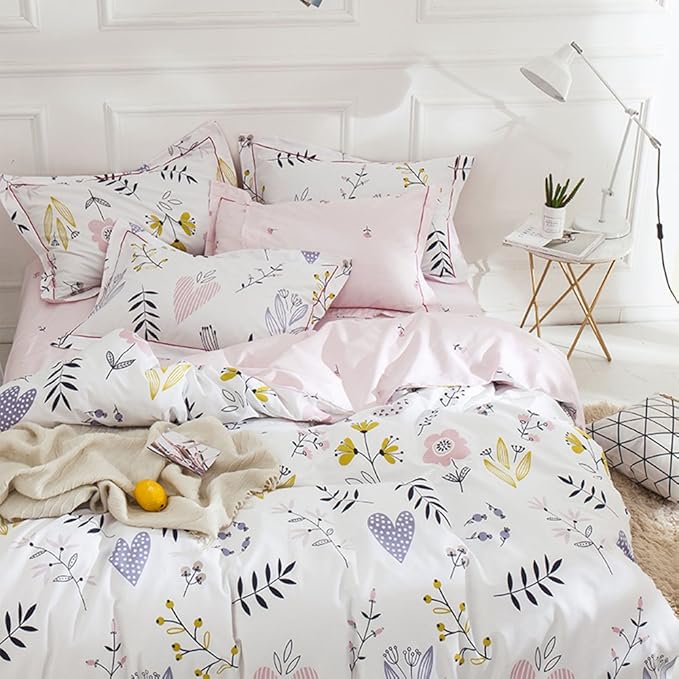 Girls Boho Floral Duvet Cover Twin Aesthetic Bedding Sets with 2 Pillowcases Pink Cotton Botanical Comforter