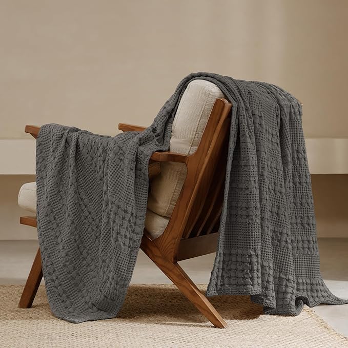 PHF 100% Cotton Waffle Weave Throw Blanket, Soft Lightweight Breathable Cozy Throws for Couch Bed Sofa, 300 GSM Luxury Aesthetic Blanket Gift for Home Decor & Office, 50"x60", Charcoal Grey