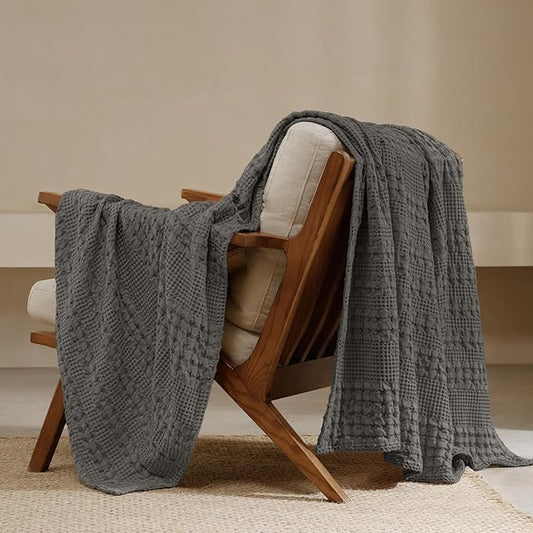 PHF 100% Cotton Waffle Weave Throw Blanket, Soft Lightweight Breathable Cozy Throws for Couch Bed Sofa, 300 GSM Luxury Aesthetic Blanket Gift for Home Decor & Office, 50"x60", Charcoal Grey