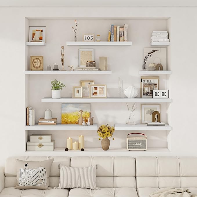 Fun Memories 12 Inch Square Floating Shelves 3 Pack - Wall Shelves with Invisible Brackets, Small Floating Shelves for Wall, White Wood Shelves for Bathroom, Living Room, Bedroom, and Kitchen Decor