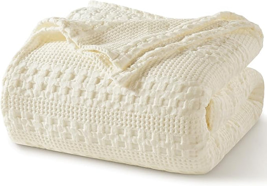 PHF 100% Cotton Waffle Weave Blanket Twin Size for Bed, Soft Lightweight & Breathable, All-Season Comfort, 300 GSM Luxury Aesthetic Blanket for Home Decor, 66"x90", Cannoli Cream