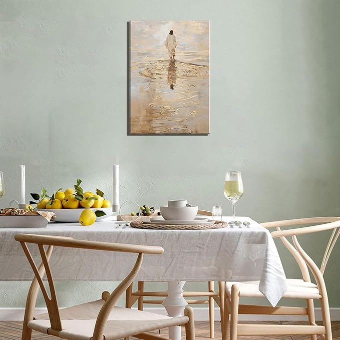 1Pcs Frame Jesus Walking on Water Canvas Wall Art Christian Jesus Walking on Water Back Wall Decor Pictures I Will Walk With Christ Posters Prints for Church Dining Living Room Kitchen Wall Bedroom Decoration16x24in