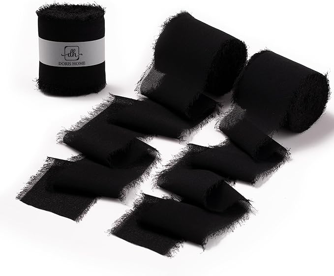 DORIS HOME Black Chiffon Ribbon for Flower Bouquet, 2" x21Yd Fabric Ribbon for Gift Wrapping, Handmade Frayed Ribbon for Wedding/Christmas Decorations