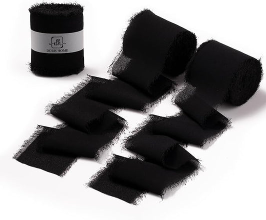 DORIS HOME Black Chiffon Ribbon for Flower Bouquet, 2" x21Yd Fabric Ribbon for Gift Wrapping, Handmade Frayed Ribbon for Wedding/Christmas Decorations