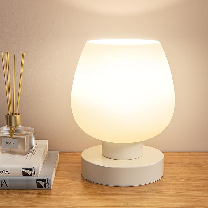 Seealle Touch Table Lamp for Nightstand - Small Bedside Lamp for Bedroom Living Room Night Stands, Desk Lamp with White Glass Shade for Small Spaces, 3 Way Dimmable, LED Bulbs, Gifts