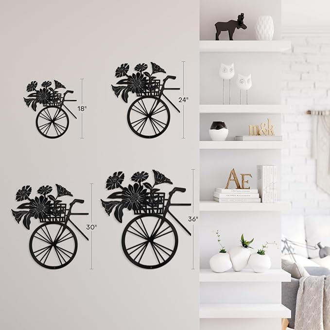 SIGNLEADER Metal Wall Art Decor Floral Bouquet in Bicycle Modern Abstract Wall Sculpture Hangings Home Decoration for Living Room, Bedroom, Bathroom, Kitchen, Outdoor - 18" Black