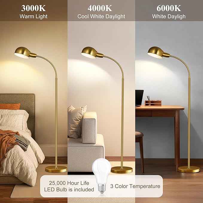 LANICHO Floor Lamp for Living Room, 63" Standing Lamp with Adjustable Gooseneck, 3 Color Temperatures, Industrial Gold Floor Lamp Reading for Bedroom, Office, 9W LED Bulb