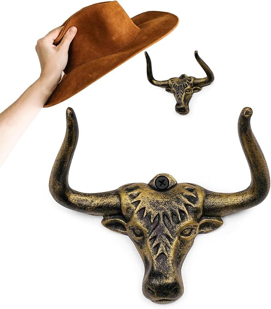 Cowboy Hat Rack for Wall 1 Pack Modern Cast Iron Cowboy Hat Holder Cowgirl Hat Hanger Western Decor Longhorn Wall Hooks Closet Bedroom Living Room Antique Gold Men's Western Gifts