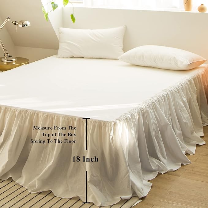 BISELINA French Linen Bed Skirt with Pleated Frills 18-Inch Tailored Drop Natural Flax Cotton Blend Dust Ruffle Soft Cozy Farmhouse Bedding (18" Full, Ruffle White)
