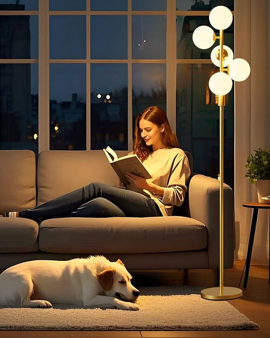 ACOHOOK Dimmable Gold Floor Lamp, 64IN Tall Standing Lamps with 5 Globe Soft Warm White Eye Care 3000K G9 Bulbs, Mid Century Modern Floor Lamp for Living Room Bedroom Office