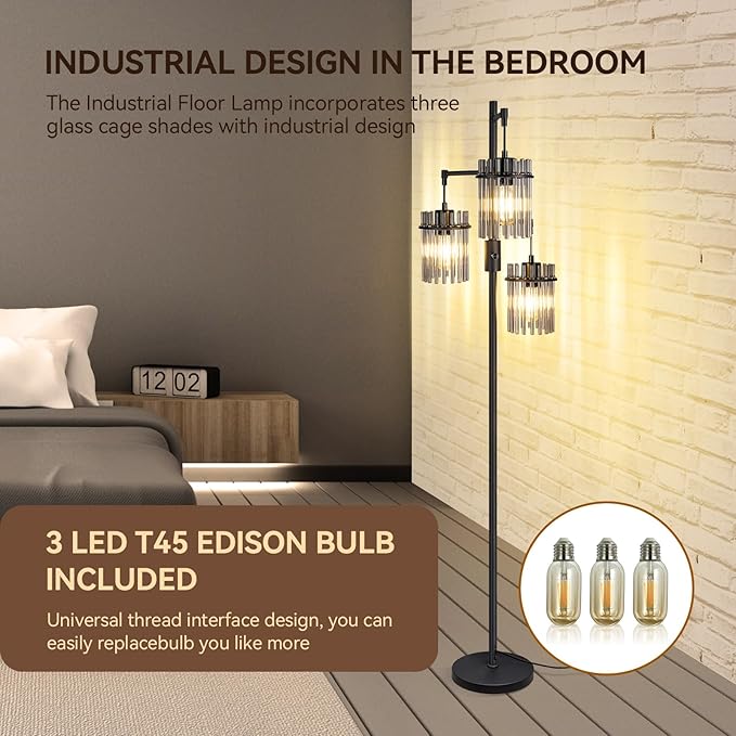 VOUTOORO Industrial Modern Floor Lamps for Living Room, Dimmable Glass Tree Standing Tall Lamps with 3 Elegant Teardrop Cage Head & 1200 Lumens LED Bulbs for Bedroom Office (66inch Tall)
