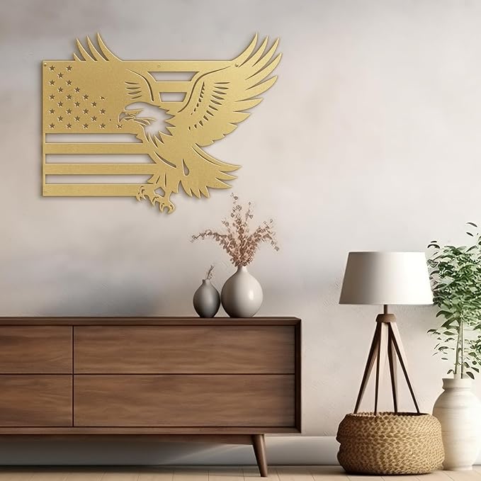 SIGNLEADER Metal Wall Art Decor American Flag with Eagle Minimalist Modern Abstract Wall Sculpture Hangings Home Decoration for Living Room, Bedroom, Bathroom, Kitchen, Outdoor - 18" Gold