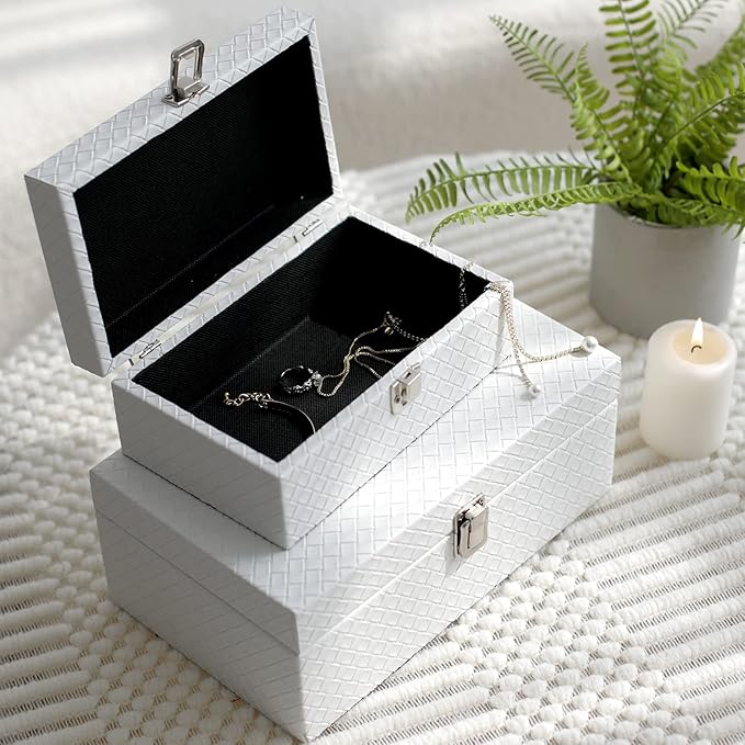 Faux Leather Decorative Jewelry Storage Organizer Boxes Set of 2, White