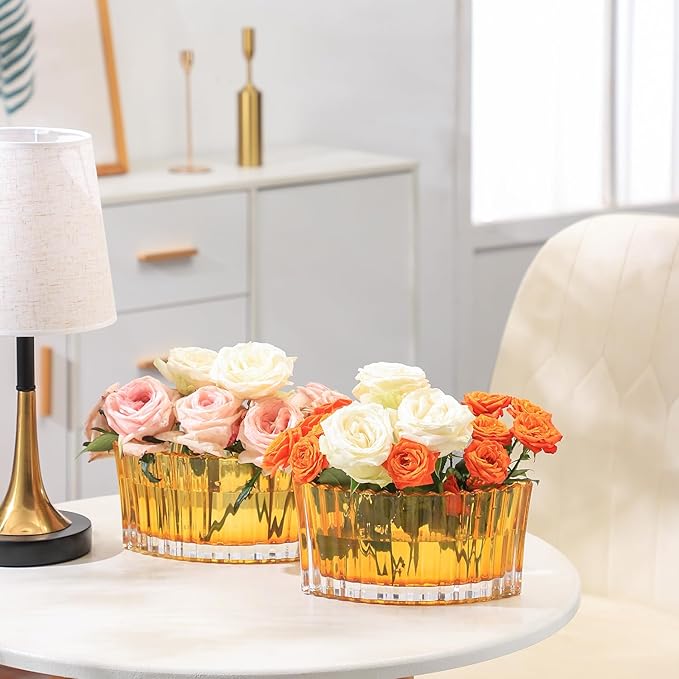 MCMCNCUIU Crystal Vases for Centerpieces, Flower Vases for Wedding Centerpieces, Amber Glass Vase for Flowers, Curve Small Vase for Living Room, Bedroom, Kitchen, Dining Table, Set of 2