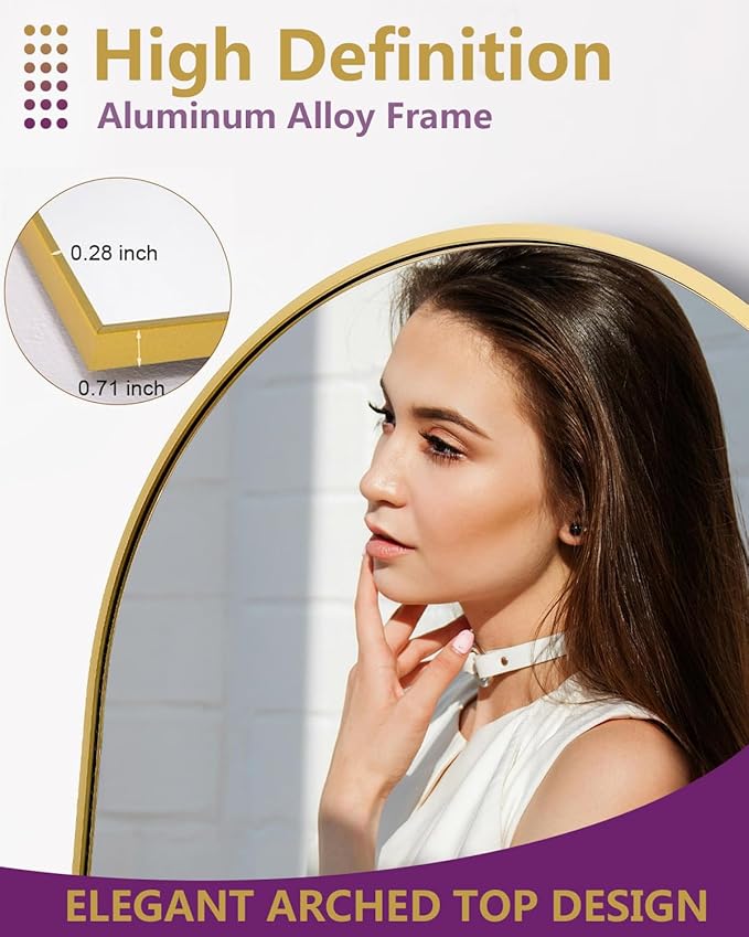 58"x18" Arched Full Length Mirror - Floor Standing or Wall Mounted with Stand, Aluminum Frame & Shatter-Proof Glass, Gold Freestanding Mirror for Bedroom, Living Room, Entryway Decor