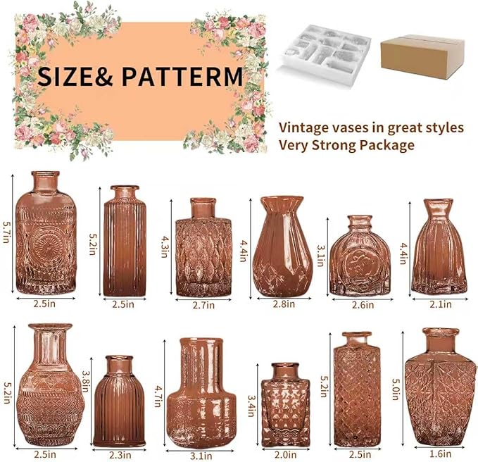 KUAGUINZUHE 12 Pcs Glass Bud Vase Set, Small Amber Vintage Flower Vases for Wedding Centerpieces in Bulk, Mini Embossed Vases for Home Table Decor, Party, Baby Shower Decorations