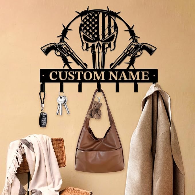Personalized Custom Name Gun Wall Hooks,Metal Gun Room Art Clothes Hooks,Metal Gun Wall Home Storage Decorative,For Front Door, Hallway, Kitchen, Bedroom,Keys,Hats (Style M)