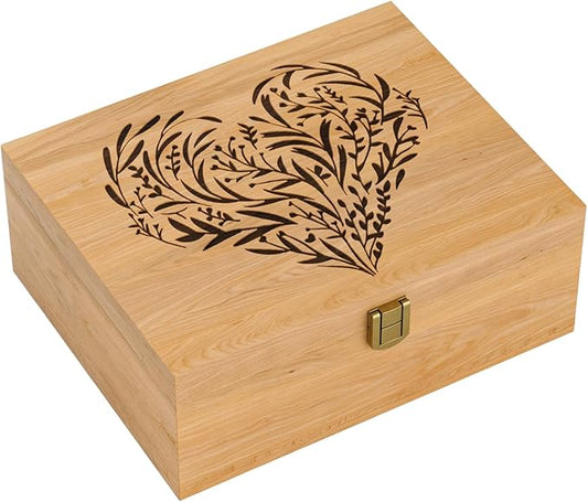 Memory Keepsake Wooden Box, Floral Heart Engraved Keepsake Boxes with Lids, Memory Box for Keepsakes for Anniversary, Wedding, Memory, Birthday, Valentines Day, Wood Box for Office or Home