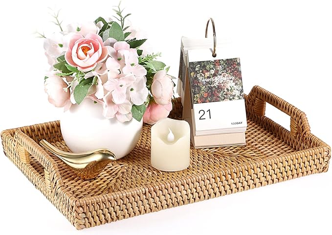 Hipiwe Rattan Serving Tray with Handles - Hand-Woven Decorative Tray for Storage Breakfast, Drinks, Snack,Rectangular Basket Organizer Tray for Coffee Table, Home Decor (Medium)