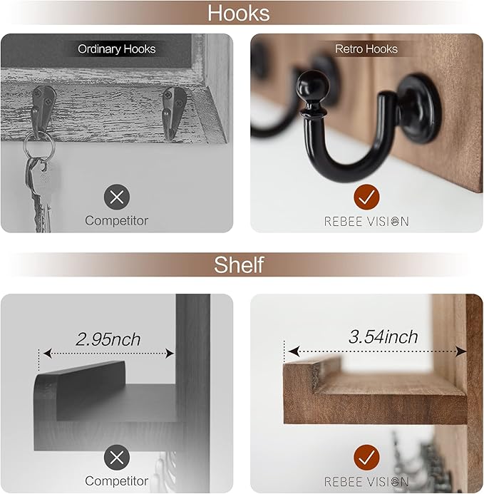 Rebee Vision Decorative Key Holder for Wall - Rustic Key Hooks with Shelf and Mail Organizer Wall Mount for Farmhouse Wall Decor Living Room - Home Essentials for New Home (Brown, 3.54" x 10" x 7.28")