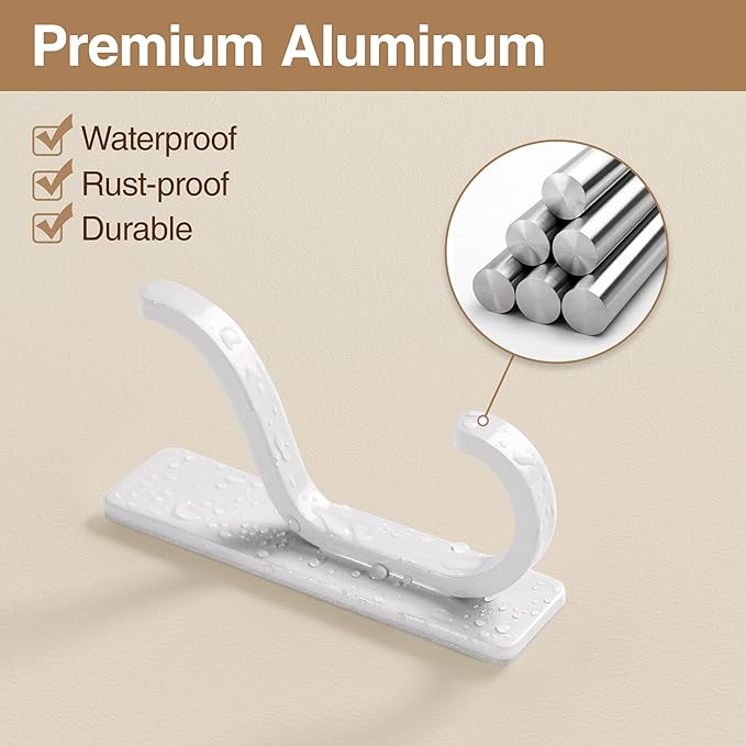 pickpiff Adhesive Wall Coat Hooks - Heavy Duty Stick-On Door Hanger, Metal Hook for Hanging Towel,Purse, Robe, Backpack, Jacket, Clothes - for Bathroom,Dorm, Closet, Kitchen - White, 2 Pack