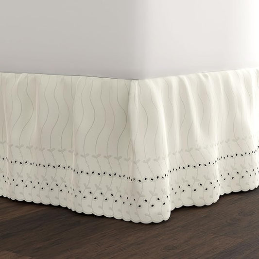 Fresh Ideas Eyelet Bed Skirt, Ruffled Design, 14 Inch Drop, Embroidered Scalloped Edge, Queen, Ivory