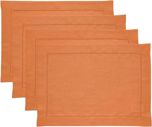 Solino Home Linen Placemats Set of 4 - Classic Hemstitch Pumpkin Placemats 14 x 19 Inch - 100% Pure Linen Table Mats